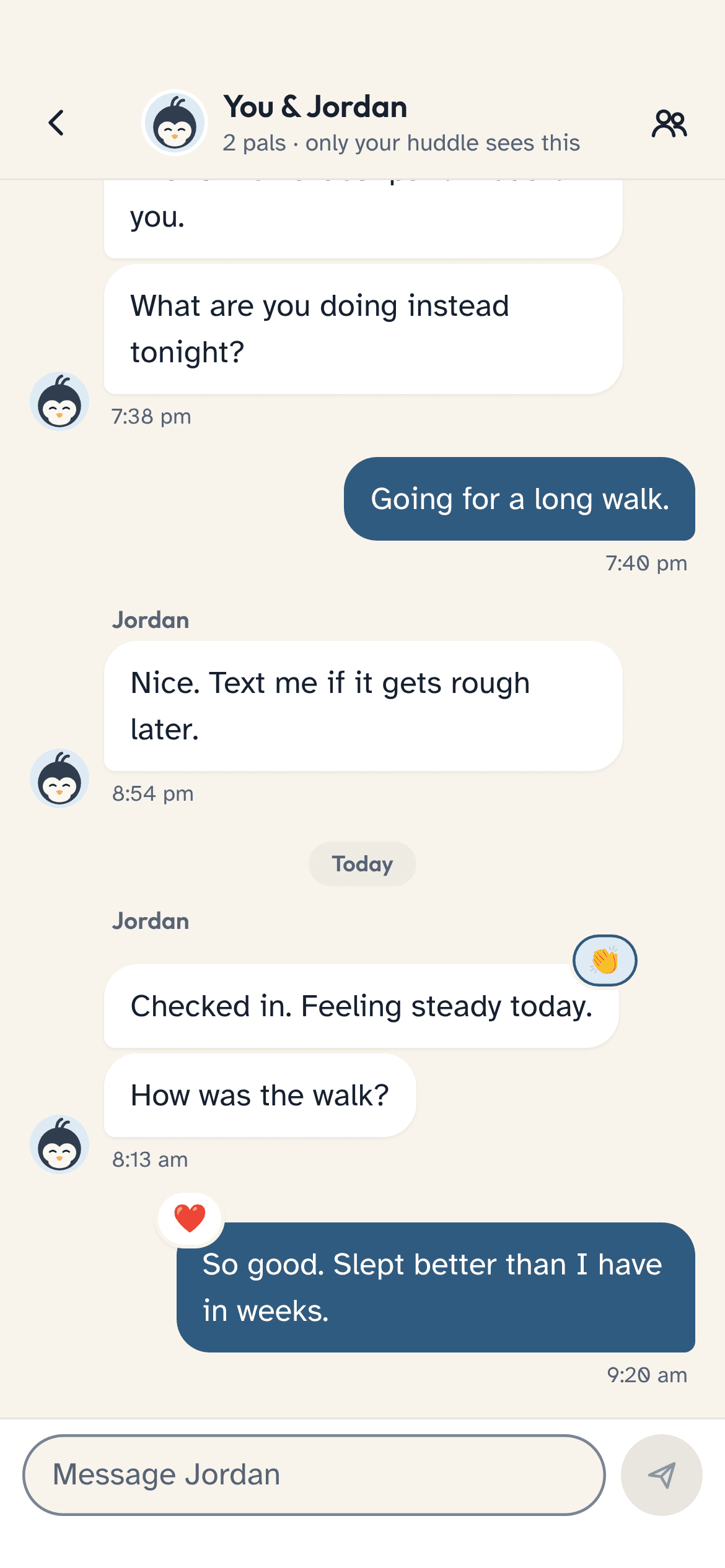 SobeePal huddle chat: messages between pals with reactions