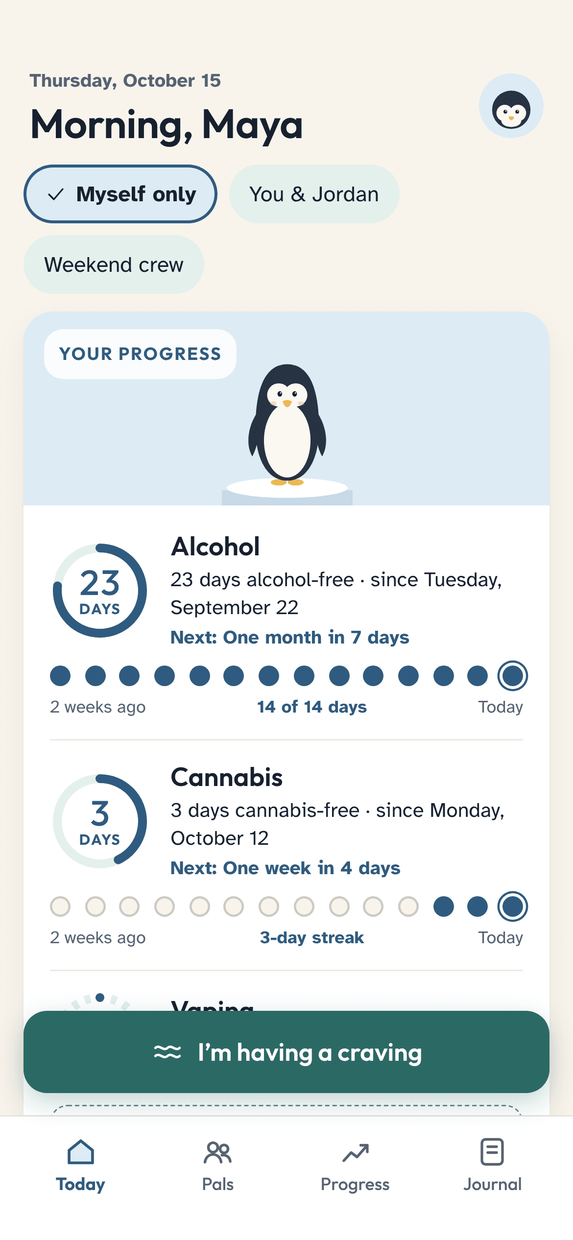 SobeePal Today screen: three equal day counts for alcohol, cannabis and vaping, with streaks and a check-in